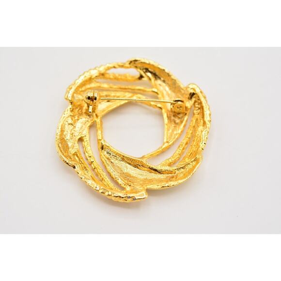 Vintage Round Pin Brooch Wreath Shiny Yellow Gold Tone Chunky Retro 1980s BinAC - Picture 11 of 12